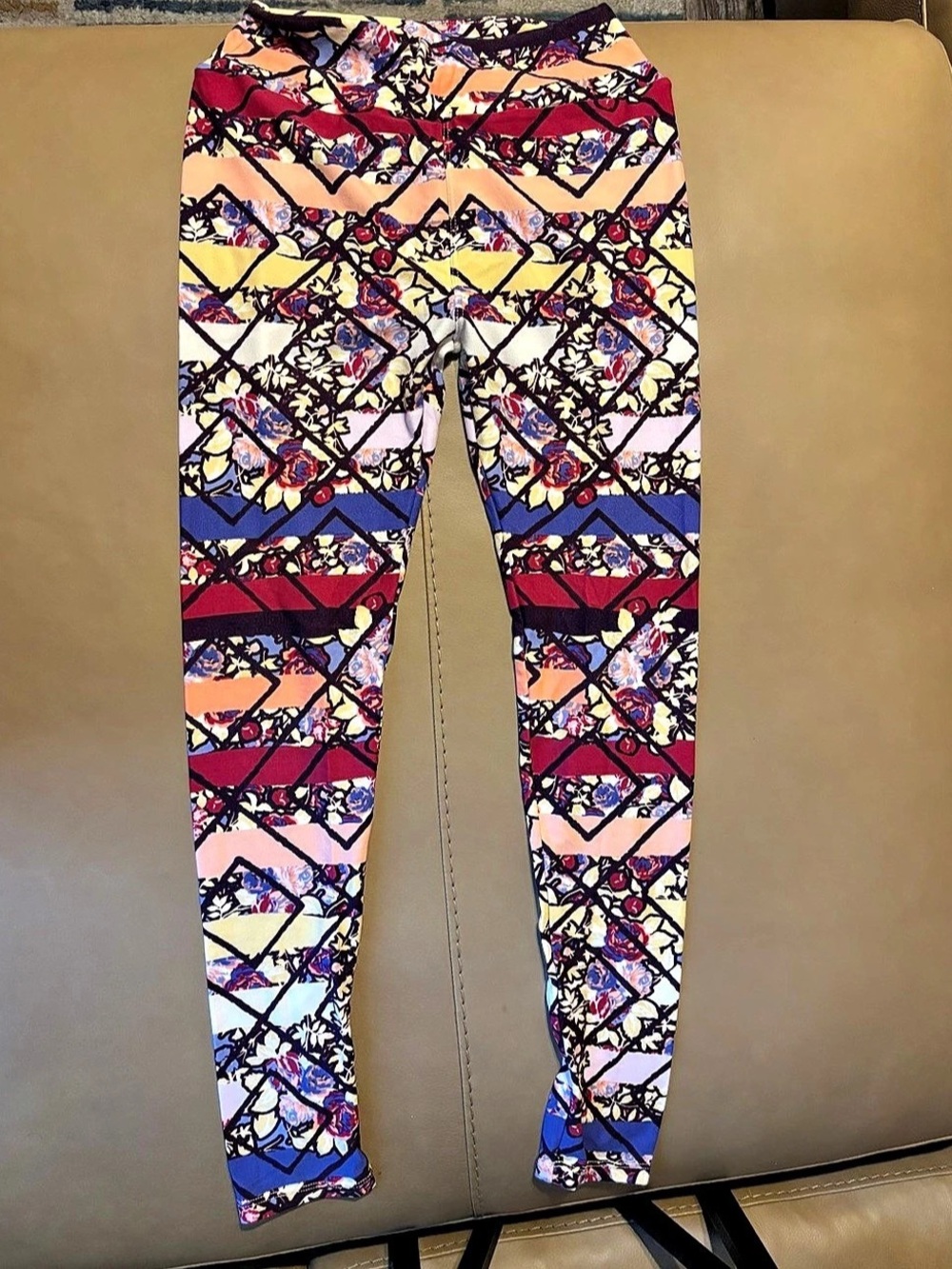 LuLaRoe Stained Glass Floral Print Leggings in Pink & Blue